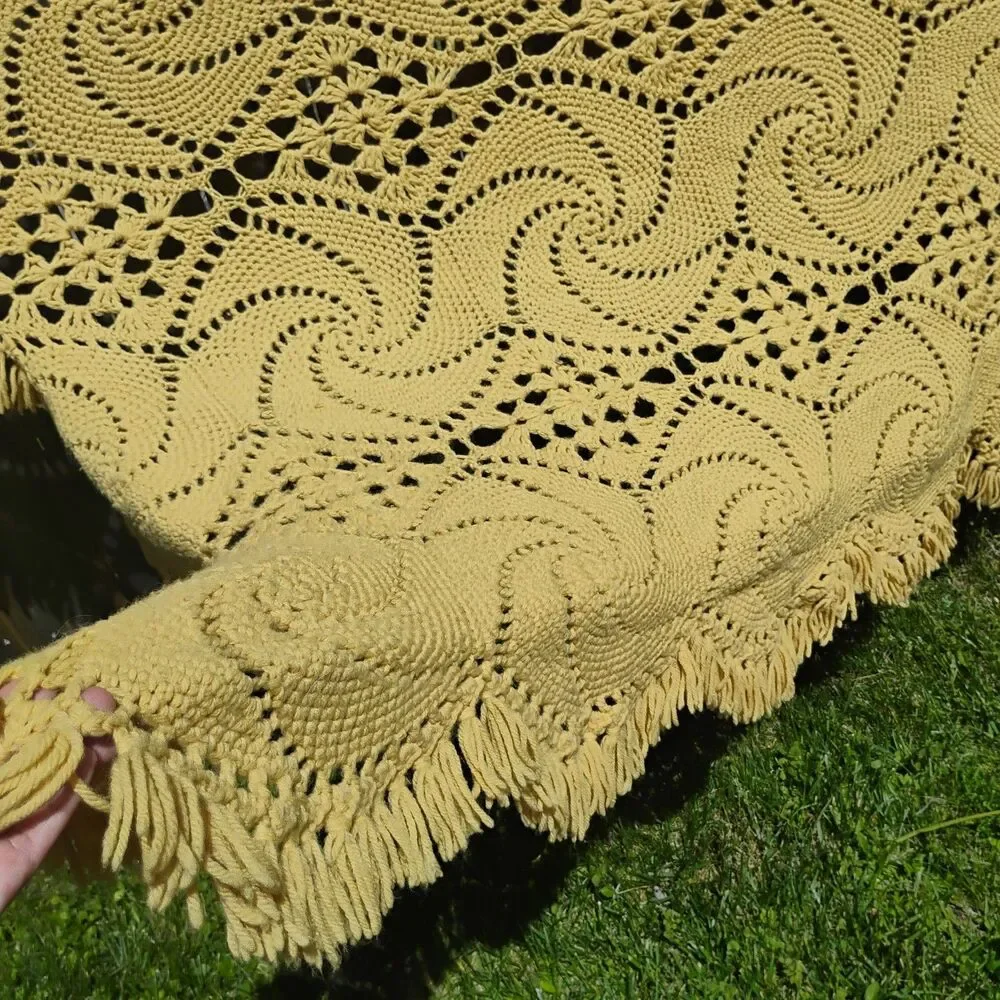 Vintage Mustard Yellow Crochet Afghan Blanket Pinwheel Starburst Fringe 112x65